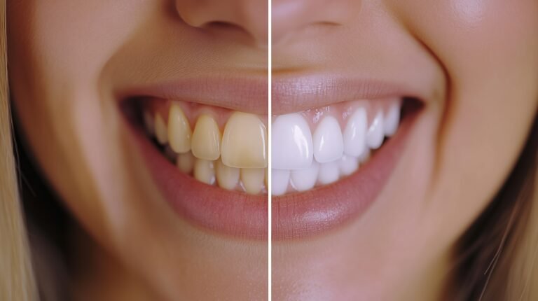 A close-up comparison showing before and after teeth whitening, emphasizing dental care and oral hygiene.
