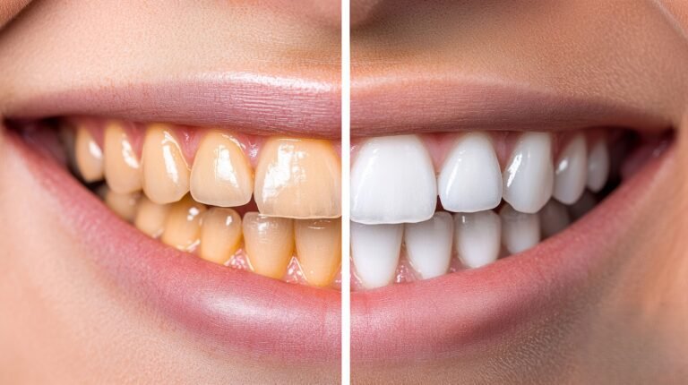 Stunning before and after images of teeth whitening demonstrate the transformation of a smile in cosmetic dentistry